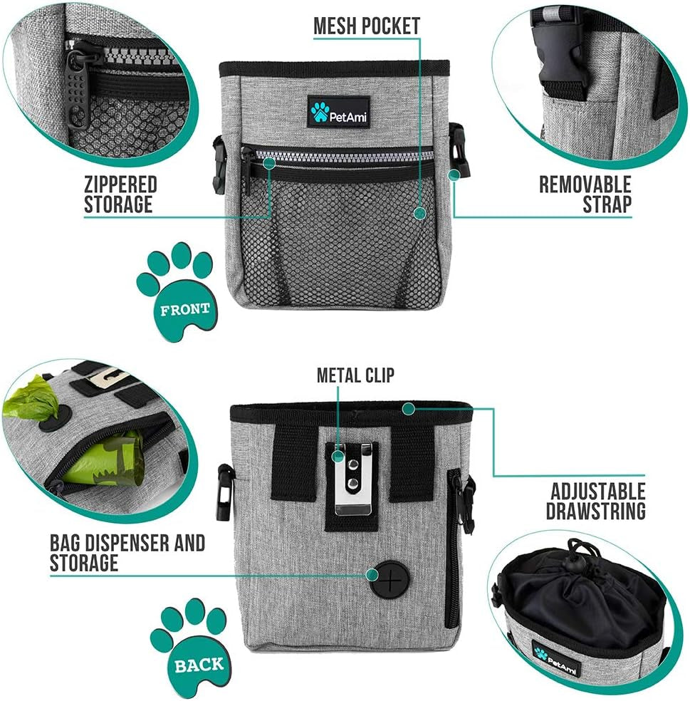 Dog Treat Pouch, Pet Treat Pouch for Training, Dog Walking Bag Holder for Kibbles, Pet Food Toy, Dog Trainer Essentials Supplies, Poop Bag Dispenser, 3 Ways to Wear (Heather Gray)